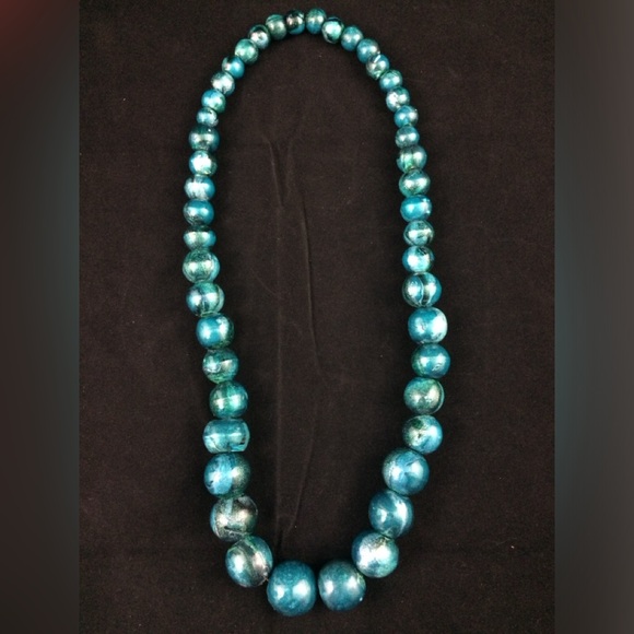 Vintage Painted Wooden Graduating Beaded Chunky Metallic Blue Costume Necklace - Picture 4 of 4